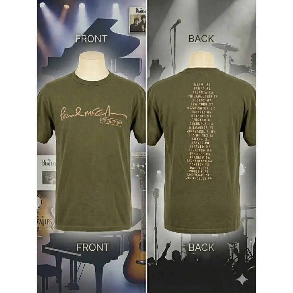 Vintage Paul McCartney 2005 US Tour T-Shirt Giant Tag Olive Green Graphic Tee L